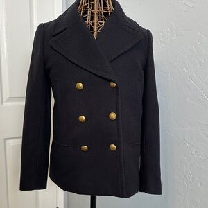 Banana Republic Navy Double-Breasted Pea Coat, Size SP. Antique Brass